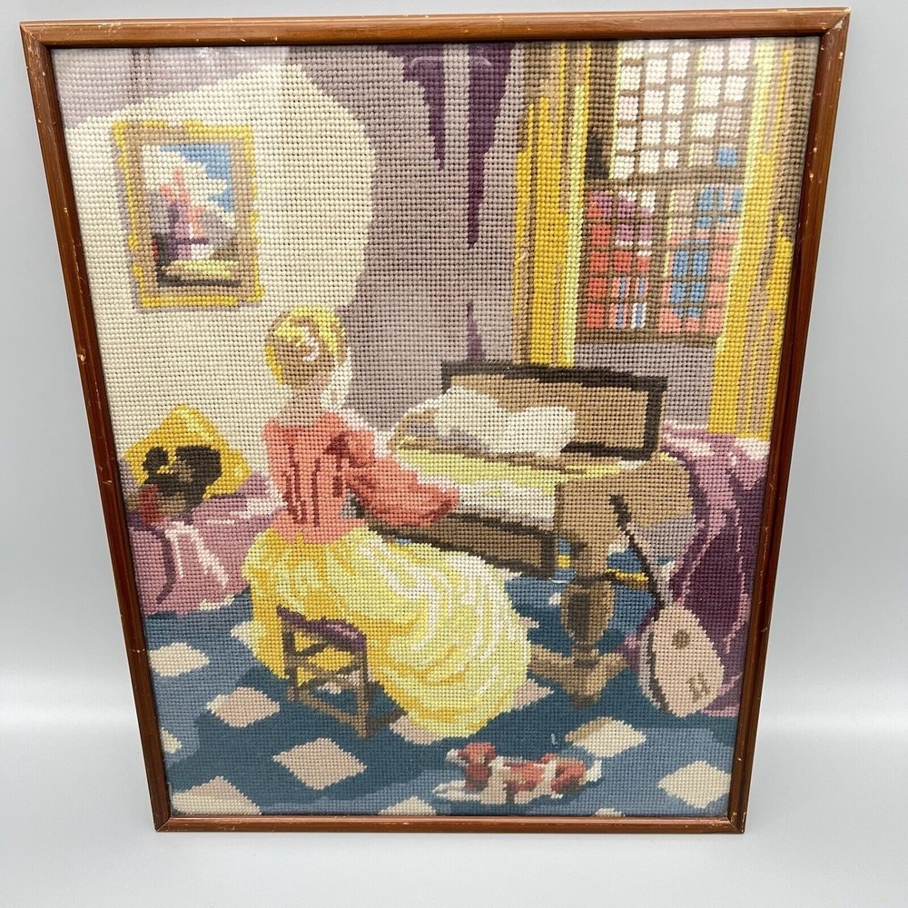 Vintage (Antique?) Needlepoint Girl Playing Piano with Dog 15.5” X 19.5” *READ*